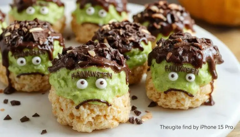 A playful plate of Frankenstein Rice Krispie Treats decorated with green icing, black candy accents for eyes, and stitched details, arranged on a festive Halloween-themed table with orange and black decorations in the background.