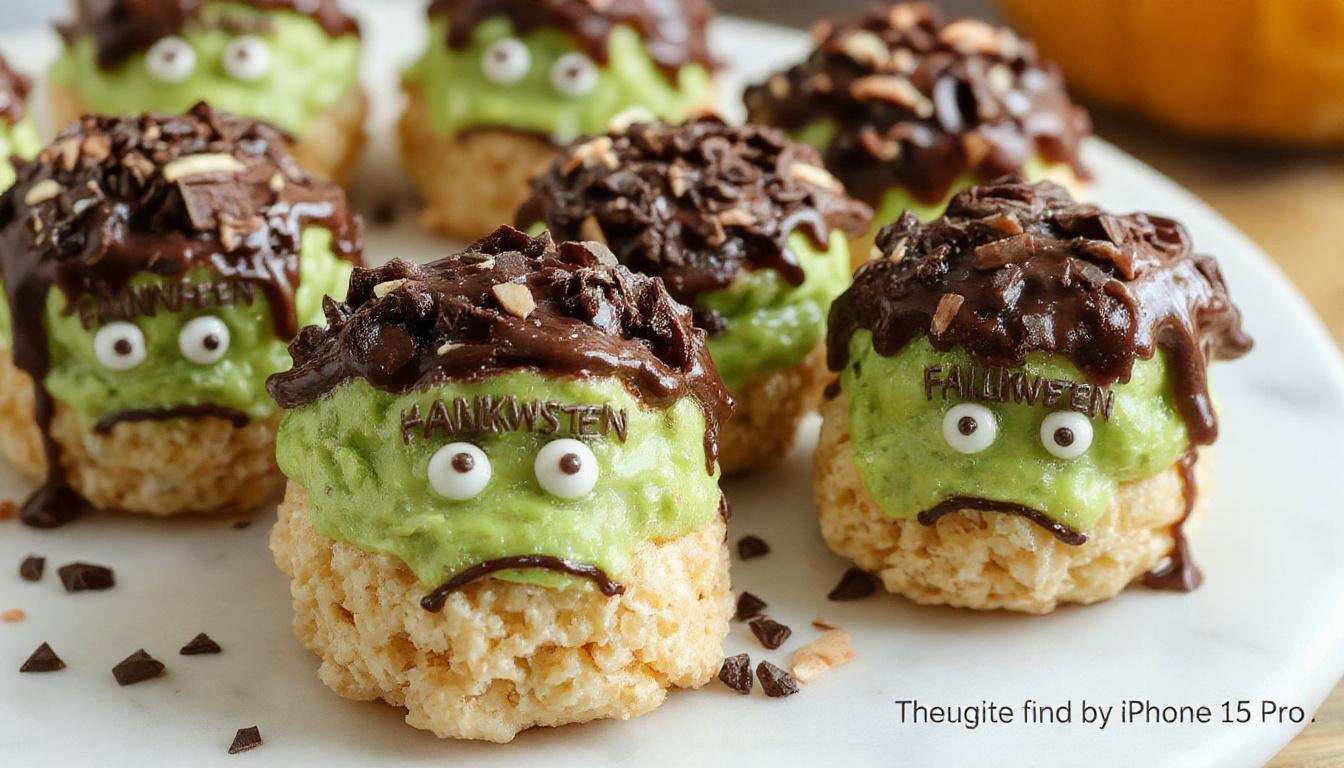 A playful plate of Frankenstein Rice Krispie Treats decorated with green icing, black candy accents for eyes, and stitched details, arranged on a festive Halloween-themed table with orange and black decorations in the background.
