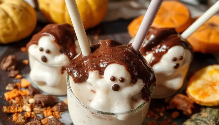 A tall glass filled with creamy, dark chocolate milk topped with a mischievous ghost-shaped marshmallow. The ghost is frosted with white icing, with small chocolate dots for eyes, sitting against a backdrop of Halloween-themed decorations including orange and black accents, and a spooky cobweb.