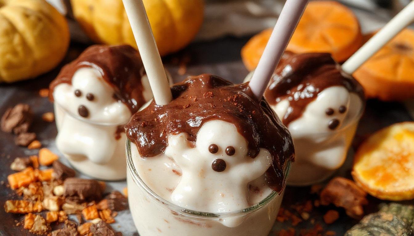 A tall glass filled with creamy, dark chocolate milk topped with a mischievous ghost-shaped marshmallow. The ghost is frosted with white icing, with small chocolate dots for eyes, sitting against a backdrop of Halloween-themed decorations including orange and black accents, and a spooky cobweb.