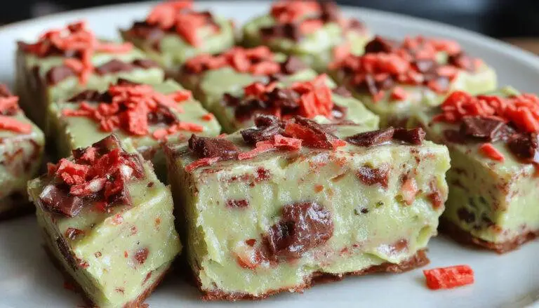 A rectangular plate of dark chocolate vampire fudge topped with bright red cherry syrup to resemble blood, garnished with small white marshmallows resembling vampire teeth, with a Halloween-themed background including pumpkins and black fabric.