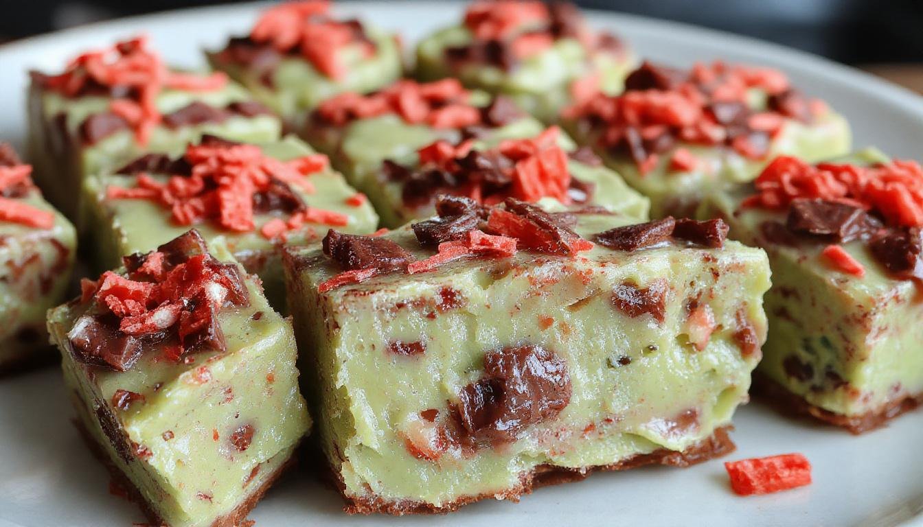 A rectangular plate of dark chocolate vampire fudge topped with bright red cherry syrup to resemble blood, garnished with small white marshmallows resembling vampire teeth, with a Halloween-themed background including pumpkins and black fabric.