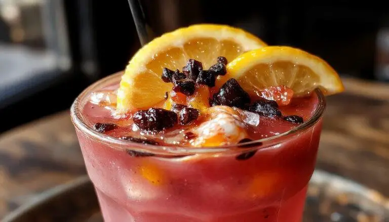 A tall glass of vibrant yellow Witches Brew Lemonade garnished with a spooky rubber spider and a slice of lemon on the rim. The drink is served over ice in a clear glass, with a spooky Halloween themed background featuring cobwebs and orange-tinted lighting, creating a festive and eerie atmosphere.