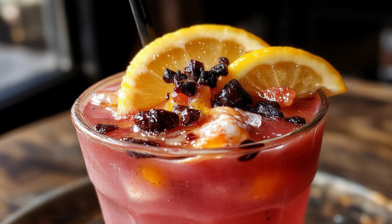A tall glass of vibrant yellow Witches Brew Lemonade garnished with a spooky rubber spider and a slice of lemon on the rim. The drink is served over ice in a clear glass, with a spooky Halloween themed background featuring cobwebs and orange-tinted lighting, creating a festive and eerie atmosphere.