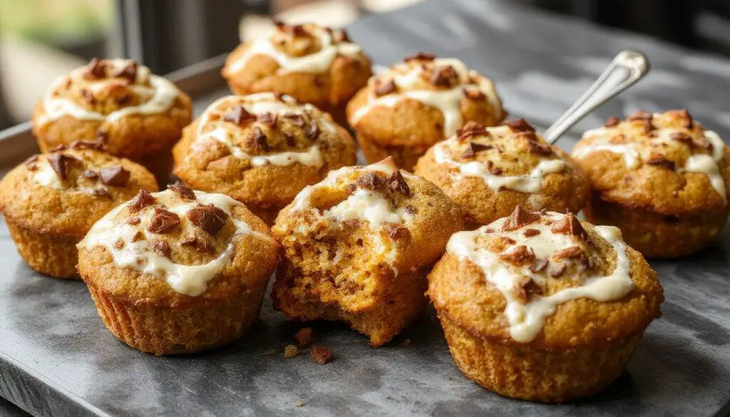 A close-up of two freshly baked pumpkin cream cheese muffins with golden-brown tops and swirls of cream cheese filling visible on the surface, displayed on a rustic wooden plate with a few cinnamon sticks and a sprig of mint for garnish. The muffins are soft and moist, with a slight crackled crust and a hint of pumpkin flavor.