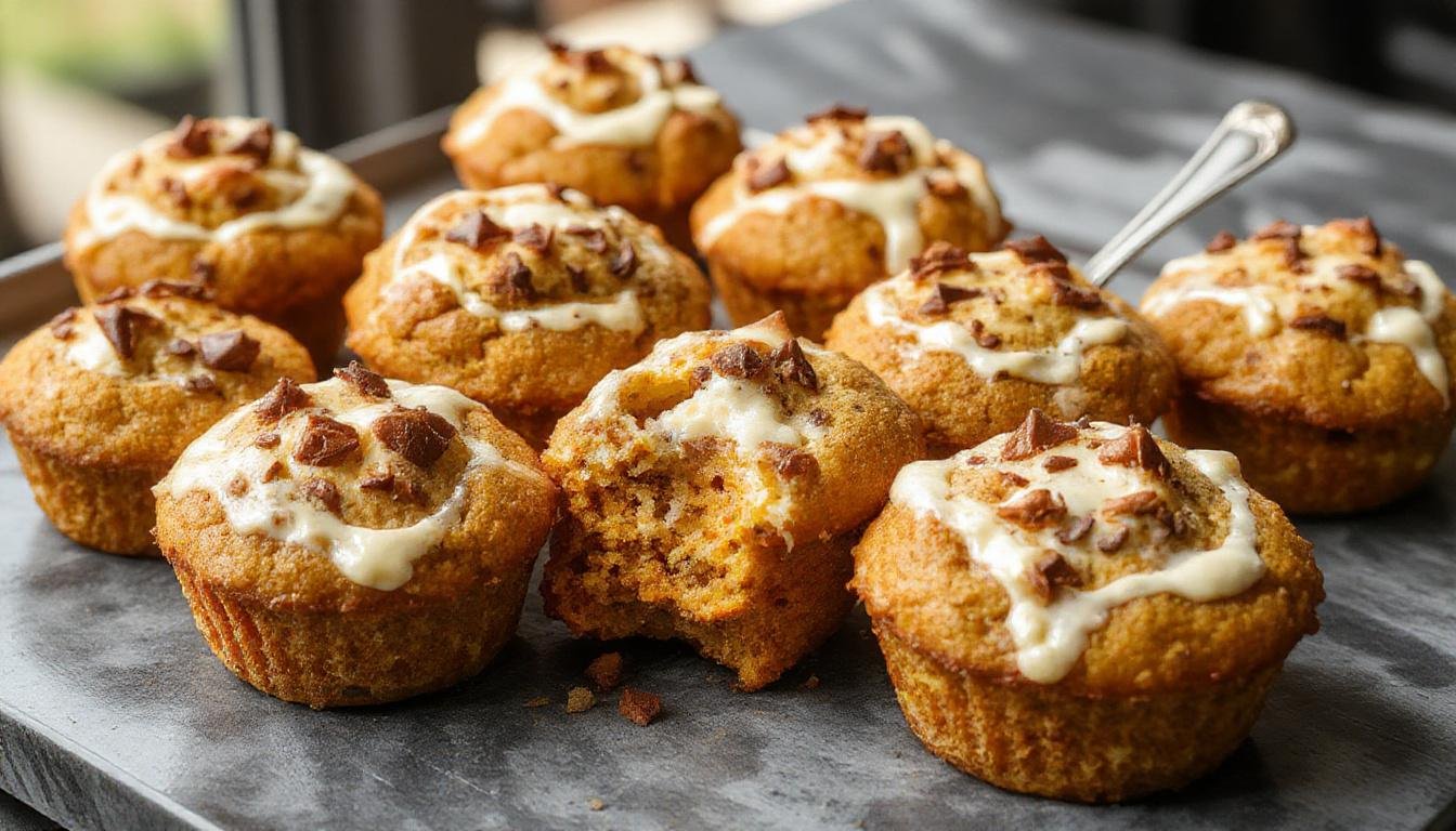 A close-up of two freshly baked pumpkin cream cheese muffins with golden-brown tops and swirls of cream cheese filling visible on the surface, displayed on a rustic wooden plate with a few cinnamon sticks and a sprig of mint for garnish. The muffins are soft and moist, with a slight crackled crust and a hint of pumpkin flavor.