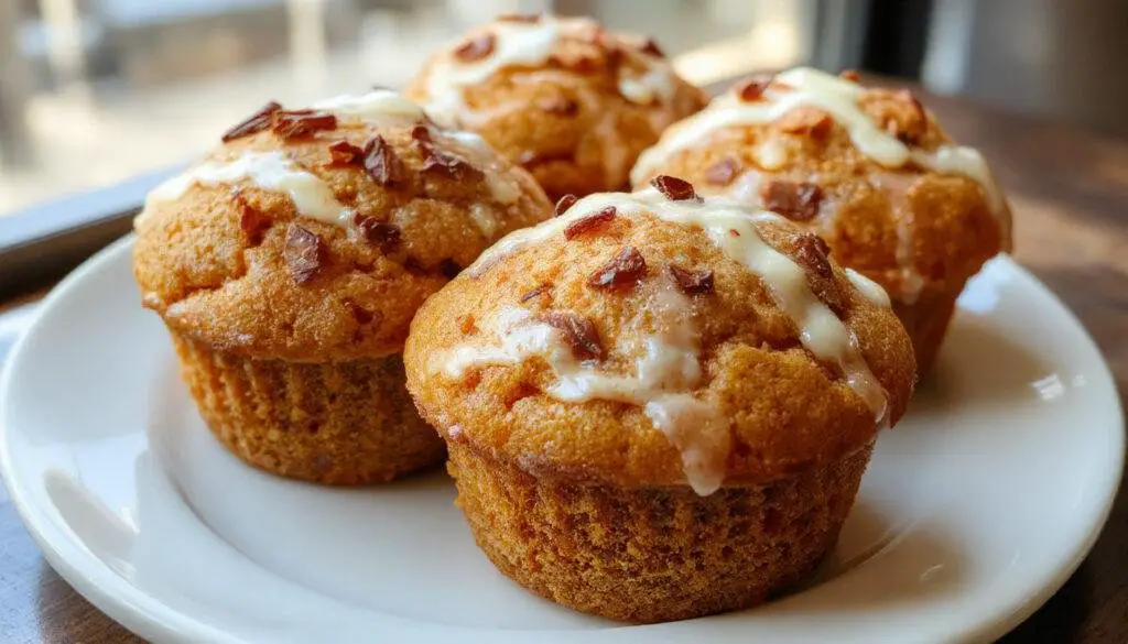 A close-up of a freshly baked pumpkin cream cheese muffin cut in half, revealing a creamy, orange pumpkin filling swirled with white cream cheese, topped with a sprinkle of cinnamon. The muffin has a golden-brown crust with a soft, moist interior displayed on a rustic wooden plate with a few cinnamon sticks beside it, presented on a neutral background with warm lighting.