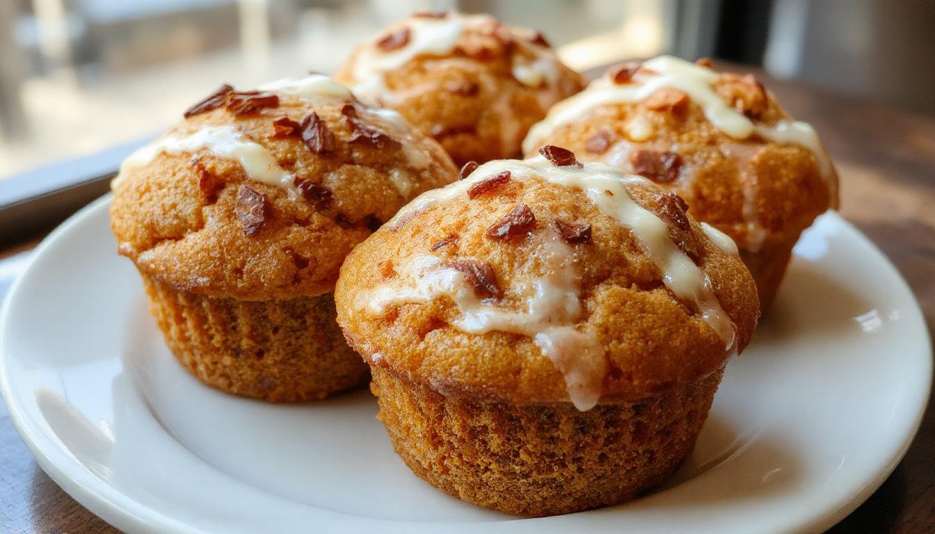 A close-up of a freshly baked pumpkin cream cheese muffin cut in half, revealing a creamy, orange pumpkin filling swirled with white cream cheese, topped with a sprinkle of cinnamon. The muffin has a golden-brown crust with a soft, moist interior displayed on a rustic wooden plate with a few cinnamon sticks beside it, presented on a neutral background with warm lighting.