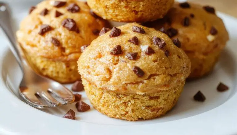 A close-up of three golden-brown pumpkin cream cheese muffins on a rustic white plate, topped with a swirl of cream cheese filling that glistens slightly. The muffins have a moist, tender crumb with a slight crack on top revealing the creamy filling inside. Fresh orange pumpkin slices and a sprinkle of cinnamon are arranged around the plate, enhancing the autumnal setting. Soft natural light highlights the warm tones and inviting texture of the muffins.