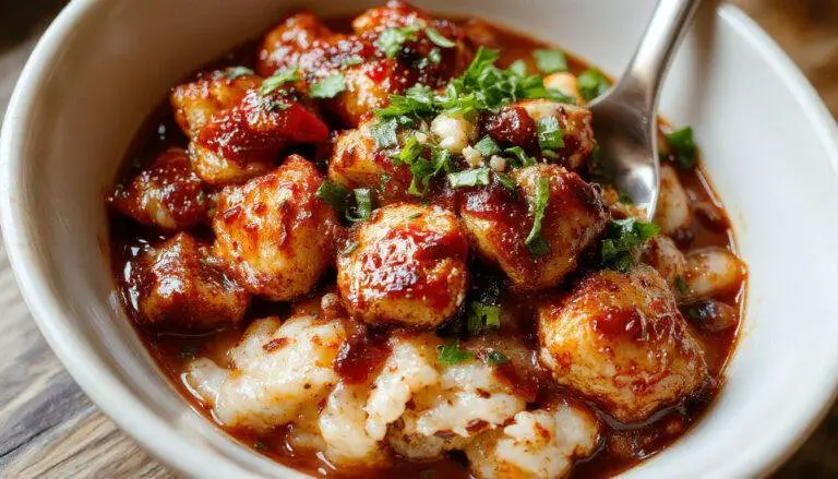 A vibrant bowl of sticky chicken rice topped with glazed chicken pieces, fresh herbs, and colorful vegetables arranged artfully on a white plate, with a glossy sauce coating the chicken and a bed of fluffy rice beneath, garnished with chopped green onions and sesame seeds.