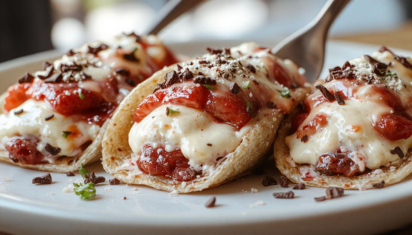A close-up of Strawberry Crunch Cheesecake Tacos displayed on a rustic wooden plate. The tacos are golden-brown with a crispy exterior, filled with creamy cheesecake and topped with vibrant red sliced strawberries and crunchy strawberry crumble. The dessert is garnished with a dusting of powdered sugar and a sprig of fresh mint, creating an inviting and colorful presentation.