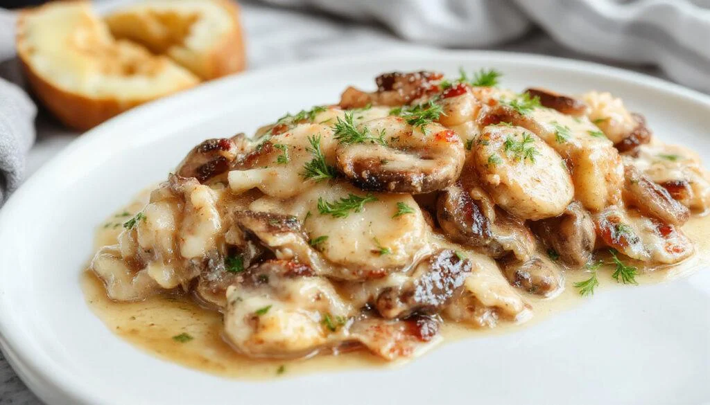 Un plat de Stroganoff de champignons servie dans une assiette blanche avec une sauce crémeuse et épaise, garnie de persil haché, accompagné de riz complet, tous bien présentés avec une texture onctueuse et un contraste de couleurs entre le brun des champignons, le blanc de la crème, et le riz brun.