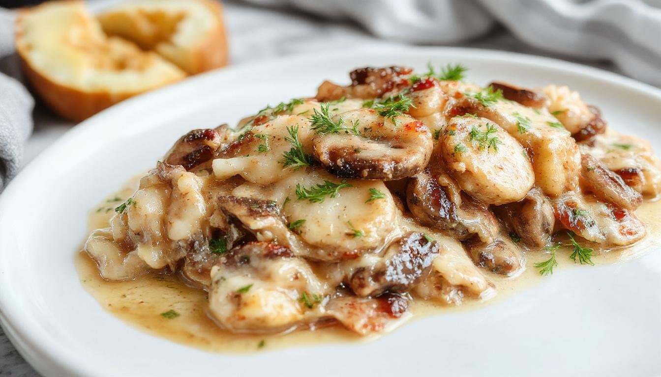 Un plat de Stroganoff de champignons servie dans une assiette blanche avec une sauce crémeuse et épaise, garnie de persil haché, accompagné de riz complet, tous bien présentés avec une texture onctueuse et un contraste de couleurs entre le brun des champignons, le blanc de la crème, et le riz brun.