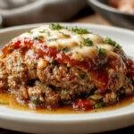A sliced stuffed Italian meatloaf revealing a savory filling of melted cheese, herbs, and vegetables. The loaf has a golden-brown crust with a moist interior, served on a rustic wooden platter with fresh herbs and a side of roasted vegetables, highlighting its hearty, comforting appeal.