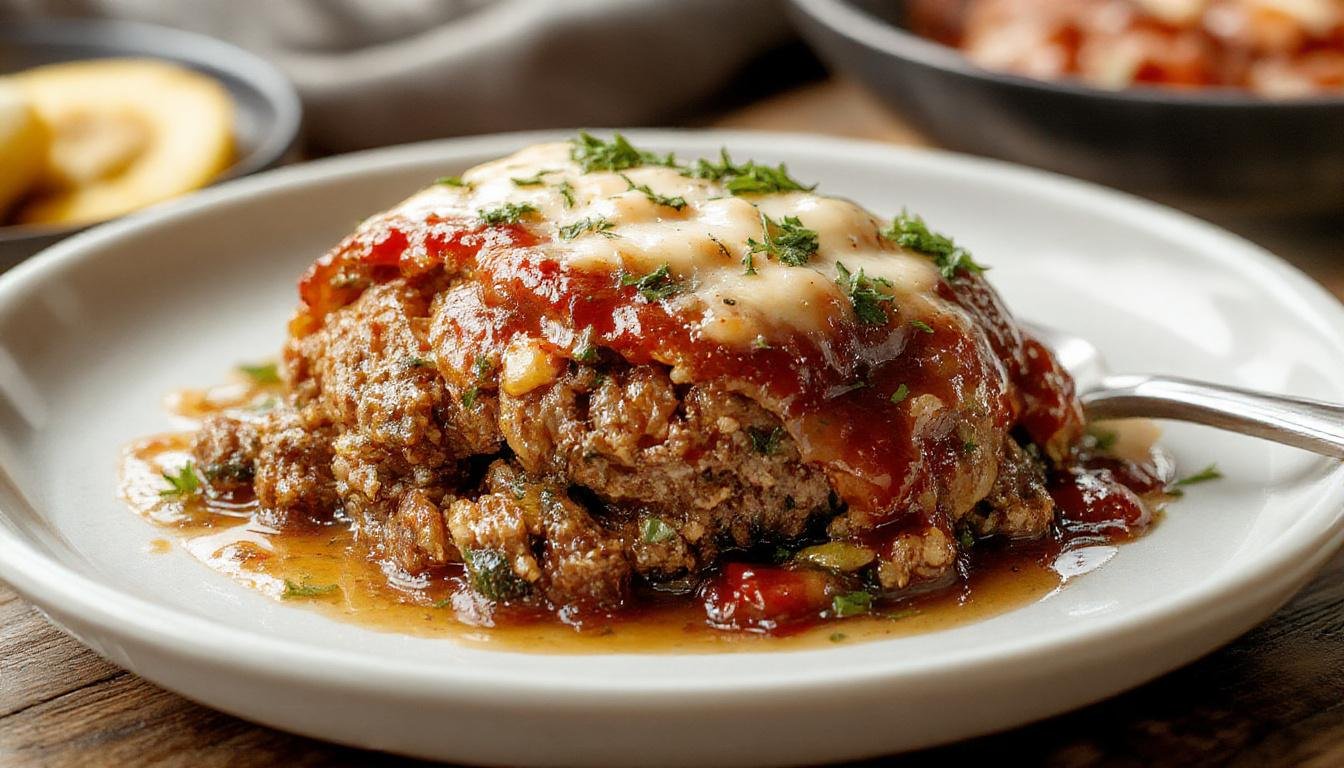 A sliced stuffed Italian meatloaf revealing a savory filling of melted cheese, herbs, and vegetables. The loaf has a golden-brown crust with a moist interior, served on a rustic wooden platter with fresh herbs and a side of roasted vegetables, highlighting its hearty, comforting appeal.