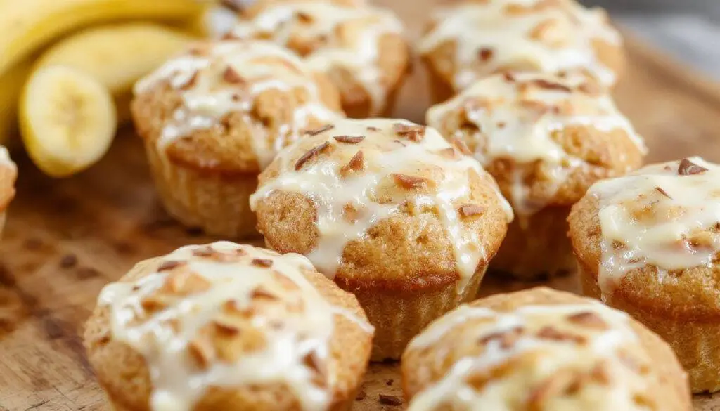 A close-up of golden-brown banana cream cheese muffins arranged on a rustic wooden platter. The muffins have a slightly cracked top revealing a creamy filling inside, with a light dusting of powdered sugar. Fresh banana slices and a drizzle of cream cheese glaze are visible as garnishes, creating an inviting and appetizing presentation.