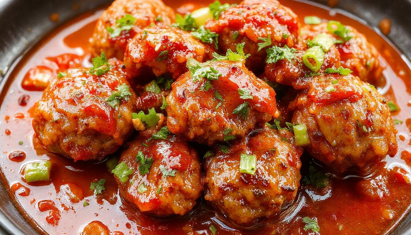A close-up of a white ceramic platter filled with golden-brown meatballs glazed with vibrant red sweet chili sauce, garnished with chopped cilantro and sesame seeds, arranged attractively for serving.