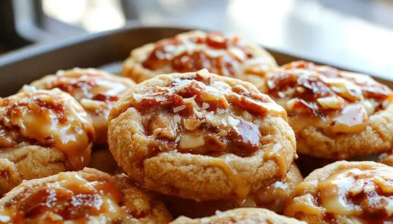 A close-up of golden-brown apple pie cookies drizzled with glossy salted caramel sauce, topped with flaky sea salt crystals. The cookies are arranged on a rustic wooden platter with fresh apple slices and caramel puddles around them, showcasing their appealing texture and inviting aroma.