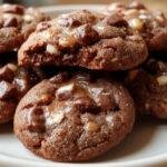 A close-up of a batch of salted caramel chocolate cookies arranged on a rustic wooden platter. The cookies are golden brown with a glossy caramel swirl visible on top, sprinkled with flaky sea salt. Some cookies reveal gooey melted chocolate and caramel oozing out, highlighting their rich, indulgent texture. The background is softly blurred, emphasizing the cookies' luscious appearance.
