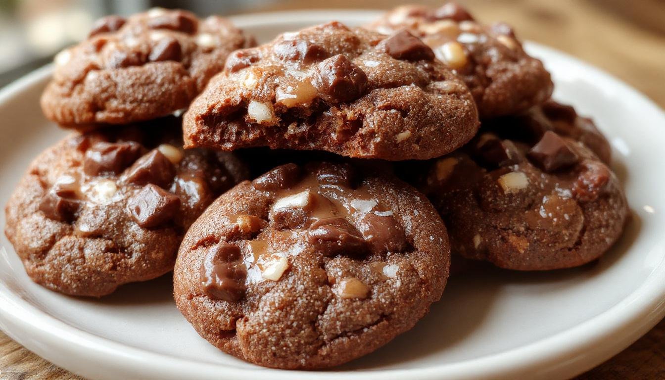 A close-up of a batch of salted caramel chocolate cookies arranged on a rustic wooden platter. The cookies are golden brown with a glossy caramel swirl visible on top, sprinkled with flaky sea salt. Some cookies reveal gooey melted chocolate and caramel oozing out, highlighting their rich, indulgent texture. The background is softly blurred, emphasizing the cookies' luscious appearance.