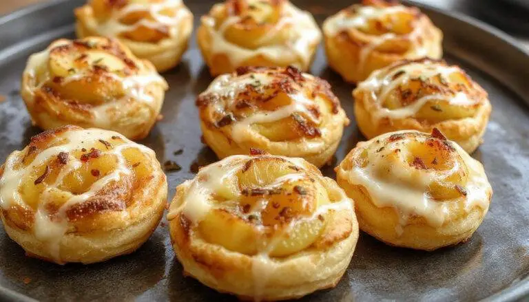 Golden-brown puff pastry squares topped with melted Brie cheese and thin slices of crisp, red apple, garnished with fresh herbs, arranged on a white serving platter with a rustic background.
