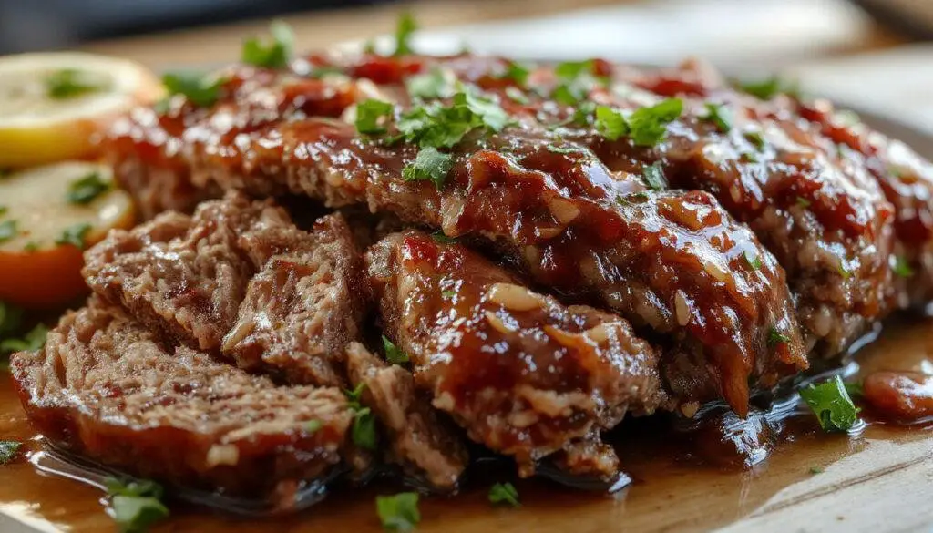 A hearty meatloaf glazed with a shiny, caramel-colored brown sugar glaze, sliced to reveal a moist, tender interior with a rich, savory appearance. The loaf sits on a rustic platter, garnished with fresh herbs and accompanied by sides, with a glossy finish highlighting the sweet and savory combination.