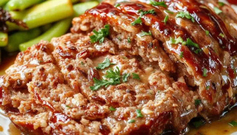 A perfectly sliced meatloaf glazed with a shiny, caramelized sweet and savory sauce, served on a rustic plate with visible herbs and a glossy finish, garnished with fresh herbs around the edges.
