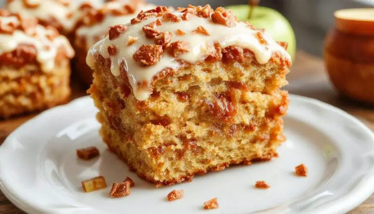 A slice of Apple Spice Cake topped with a generous swirl of brown sugar icing, showcasing moist, spiced apple cake layers with visible chunks of apple and a glossy, caramel-colored icing on top, set on a rustic wooden platter with a light dusting of cinnamon around the edges.