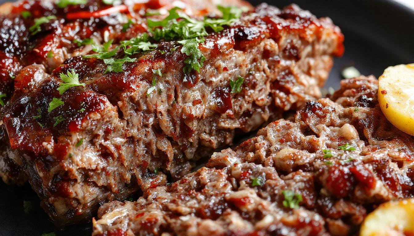 A sliced Korean BBQ meatloaf sits on a white plate, glazed with a glossy sweet and spicy sauce. The meatloaf has a golden-brown crust with visible bits of green scallions and sesame seeds on top. Juices glisten around the slices, showing a tender, moist interior, plated with a side of steamed vegetables and rice in the background.