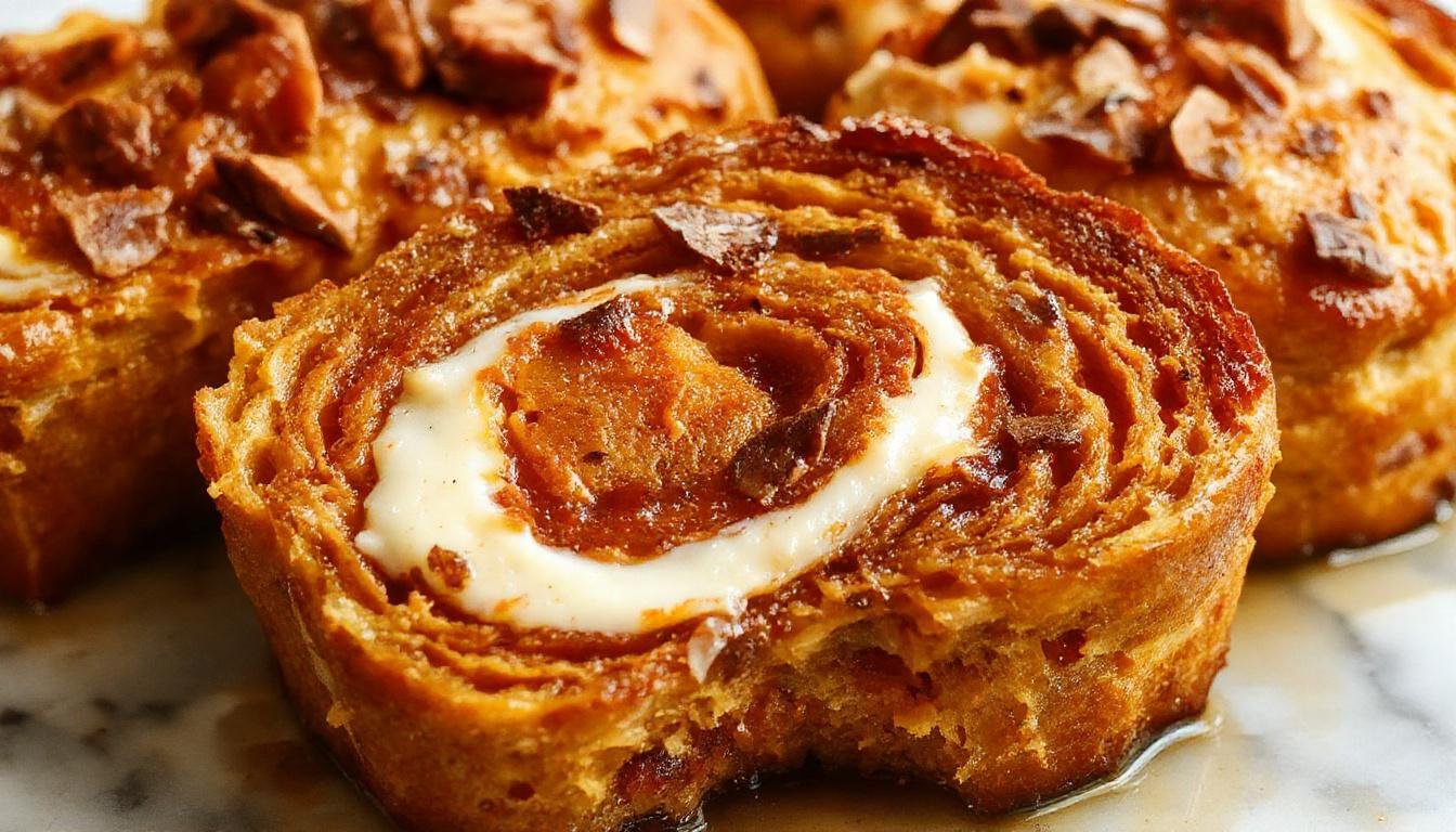 A sliced loaf of swirled pumpkin cream cheese bread sits on a rustic wooden table, revealing its moist, swirled interior with streaks of cream cheese and vibrant orange pumpkin. The top crust is golden-brown with a slight sheen, and a generous slice is lifted to showcase the tender crumb and marbled swirl inside.