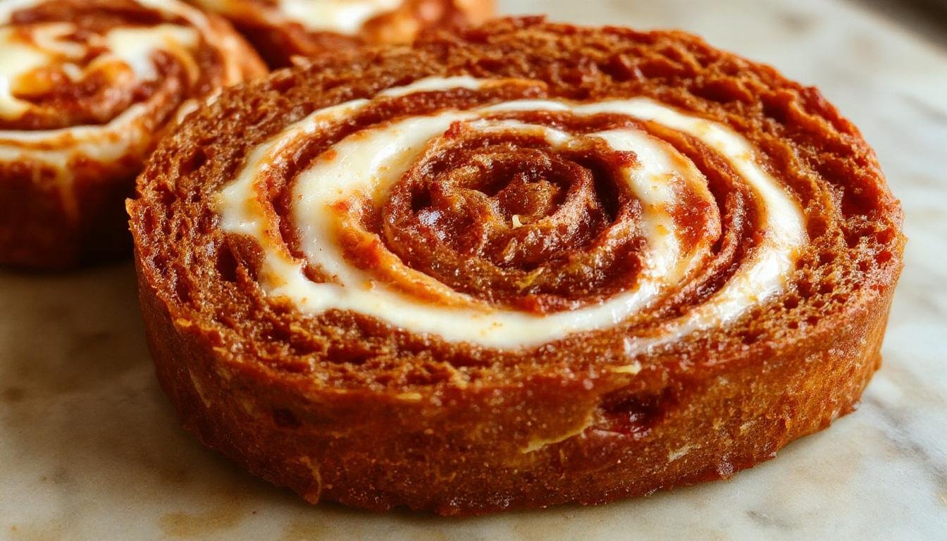 A sliced swirled pumpkin cream cheese bread loaf showcasing its golden-brown crust and vibrant orange pumpkin swirl streaked with creamy white cheese filling, placed on a rustic wooden cutting board with a few crumbs and a knife nearby.