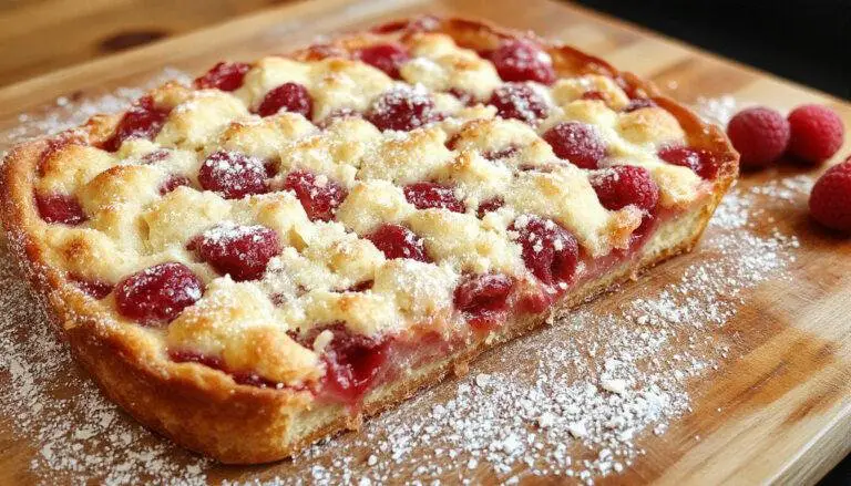 Une tarte crumble à la framboise aux couleurs vives avec une croûte dorée et un crumble croustillant sur le dessus, garnie de framboises fraîches, présentée sur une assiette blanche avec quelques framboises entières pour la décoration.