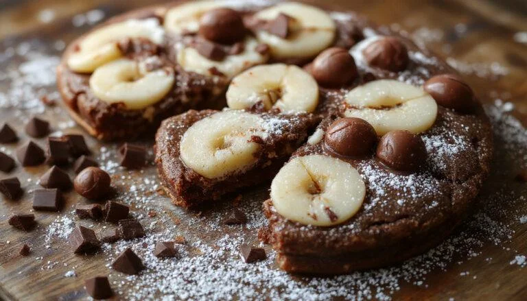 Une tarte présentée sur une assiette blanche, avec une pâte dorée et croustillante, garnie de morceaux de chocolat fondu et de tranches de poires mûres, entourée de copeaux de chocolat et de quelques noix pour la décoration, mise en valeur sur un fond neutre avec un cachet artisanal.
