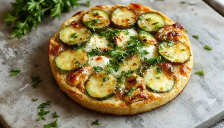 Une tarte fine rectangulaire garnie de fines tranches de courgette vert clair, saupoudrée de ricotta blanche et décorée de feuilles de menthe fraîche. La croûte dorée est légèrement croustillante, avec une finition élégante et appétissante, présentée sur une assiette blanche élégante.