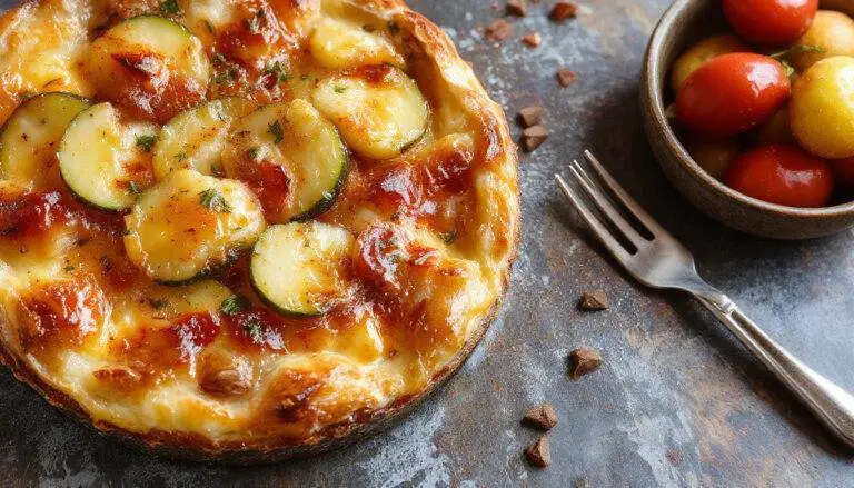 Une tarte rustique aux légumes d'été, avec une croûte dorée et croustillante, garnie de tomates, courgettes, poivrons, et aubergines colorés, présentée sur une planche en bois avec quelques feuilles de basilic frais autour.
