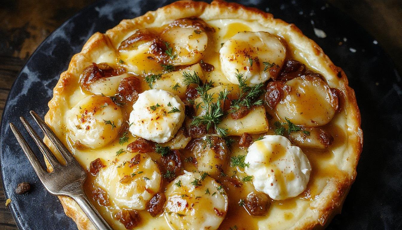Une tarte aux oignons dorée et croustillante, garnie de fromage de chèvre fondu et de filet de miel, présentée sur une assiette blanche avec une coupe en arrière-plan. La croûte est bien dorée, et la garniture montre des oignons caramélisés avec des bulles de miel brillant.
