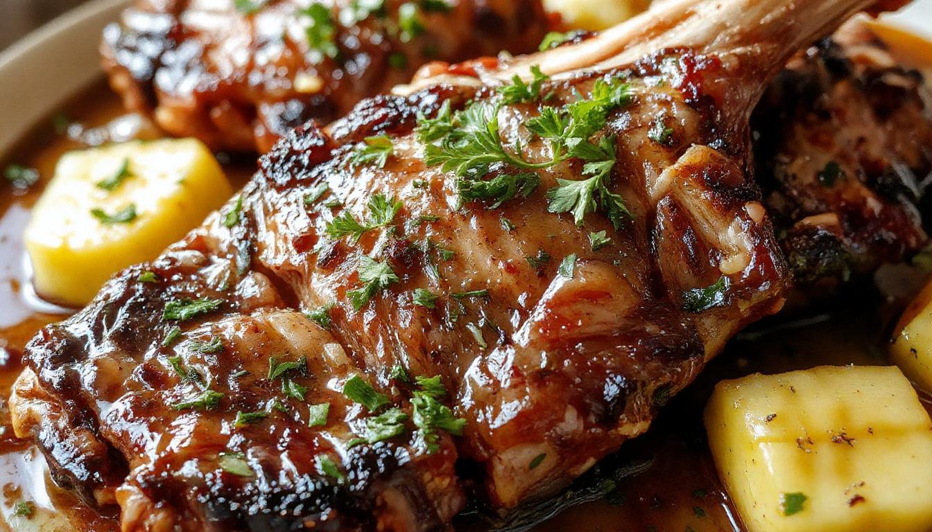 A close-up shot of perfectly cooked oven-baked lamb chops arranged on a rustic white plate. The lamb chops have a beautifully browned exterior with visible sear marks and a slight glaze, garnished with fresh herbs. The background features a wooden table with a side of roasted vegetables and a small bowl of dipping sauce, creating an inviting and appetizing presentation.