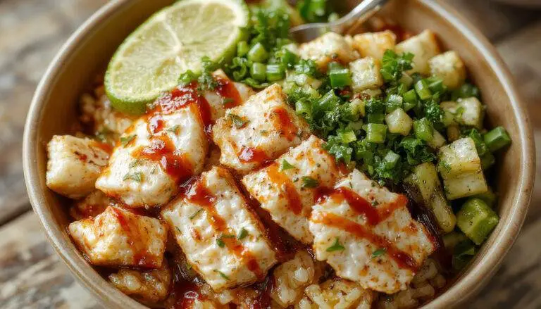 A vibrant bowl featuring golden-brown grilled chicken glazed with glossy teriyaki sauce, served over fluffy white rice with steamed broccoli florets and sliced carrots, garnished with sesame seeds and chopped green onions. The presentation showcases a colorful and appetizing dish with a balanced arrangement.