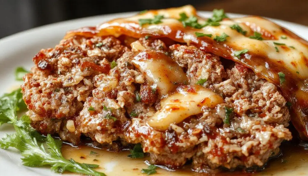 A centrally placed classic meatloaf glazed with a shiny tomato-based sauce, sliced to reveal a moist, tender interior with visible herbs and breadcrumbs, served on a rustic wooden platter with fresh herbs garnish.