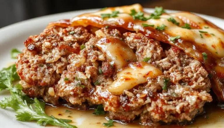 A centrally placed classic meatloaf glazed with a shiny tomato-based sauce, sliced to reveal a moist, tender interior with visible herbs and breadcrumbs, served on a rustic wooden platter with fresh herbs garnish.