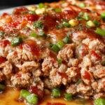 A golden-brown meatloaf glazed with a shiny tomato-based glaze, sliced to reveal a moist, well-seasoned interior. It is plated on a rustic wooden board with fresh herbs and a side of mashed potatoes.