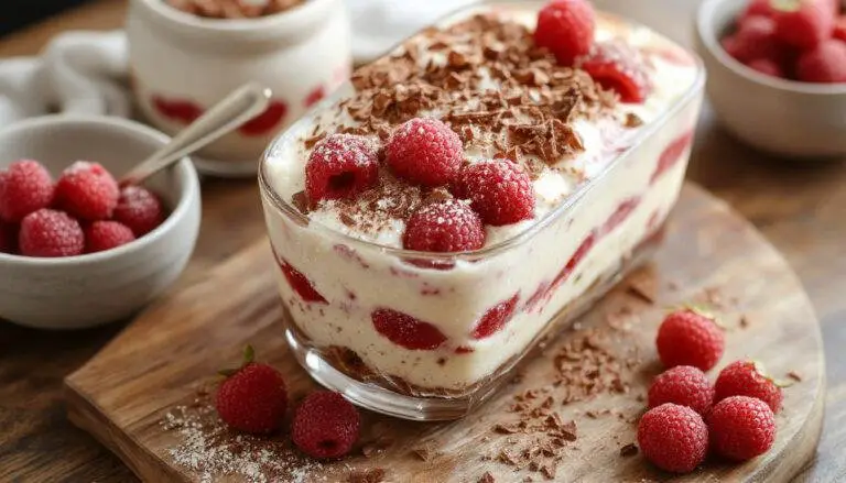 Un tiramisu aux fraises fraîches et mascarpone présenté dans un verre transparent, avec des couches visibles de biscuits imbibés, crème légère et fraises rouges tranchées, décoré de quelques feuilles de menthe. La texture fondante et rafraîchissante est mise en valeur par la lumière naturelle qui met en évidence les coloris vibrant des fraises.