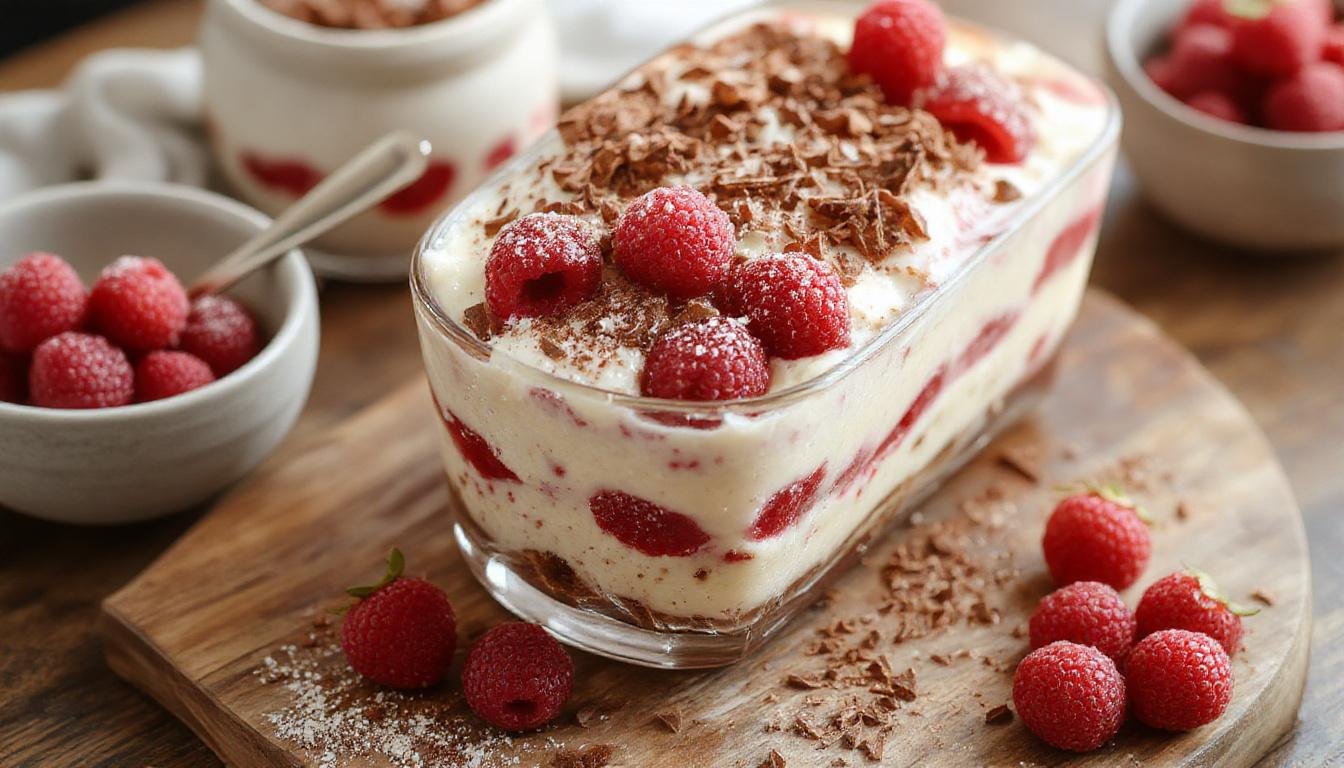 Un tiramisu aux fraises fraîches et mascarpone présenté dans un verre transparent, avec des couches visibles de biscuits imbibés, crème légère et fraises rouges tranchées, décoré de quelques feuilles de menthe. La texture fondante et rafraîchissante est mise en valeur par la lumière naturelle qui met en évidence les coloris vibrant des fraises.
