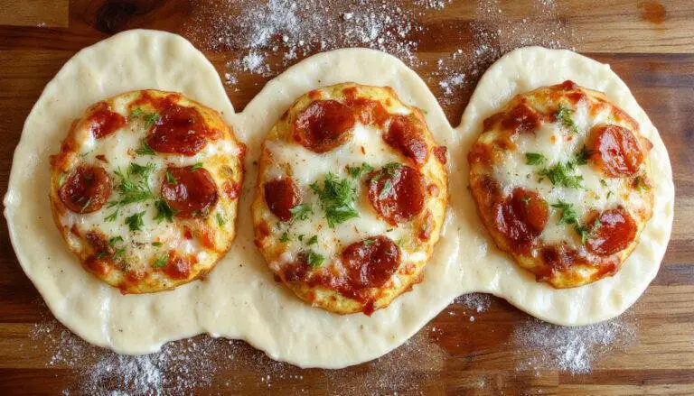 Une image montrant un plateau en bois avec trois petites pizzas maison disposées côte à côte. La croûte est dorée et croustillante, garnie de diverses sauces, fromages fondus, légumes frais et morceaux de viande. Les pizzas présentent des couleurs vives et appétissantes avec des ingrédients bien répartis, sur un fond rustique.