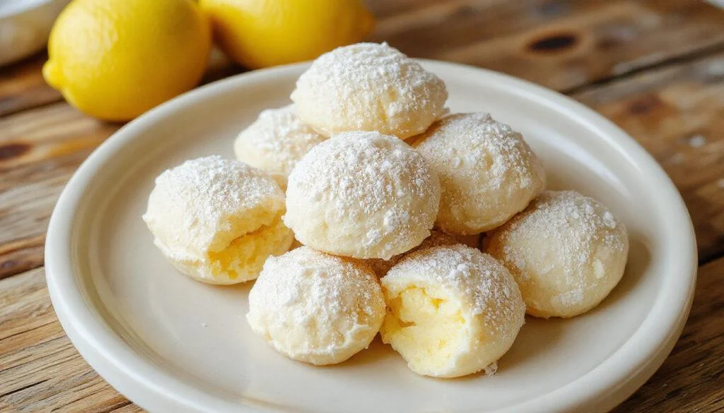 Une assiette élégante de truffes au citron avec une coque brillante, garnies d'un zeste de citron finement râpé, présentées sur une nappe blanche minimaliste avec quelques zestes dispersés autour.