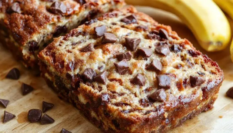 A slice of golden-brown banana bread with generous chocolate chips visible on the top and inside, presented on a rustic wooden board. The bread has a moist, dense texture with slightly crispy edges, and a few chocolate chips are slightly melted, glistening in the light. The background features a blurred bowl of ripe bananas and a few chocolate pieces, enhancing the inviting, homemade feel.