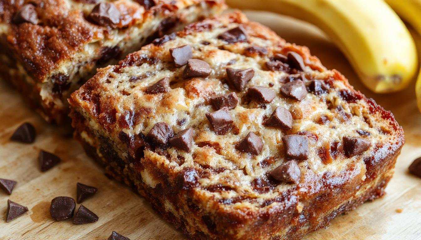 A slice of golden-brown banana bread with generous chocolate chips visible on the top and inside, presented on a rustic wooden board. The bread has a moist, dense texture with slightly crispy edges, and a few chocolate chips are slightly melted, glistening in the light. The background features a blurred bowl of ripe bananas and a few chocolate pieces, enhancing the inviting, homemade feel.