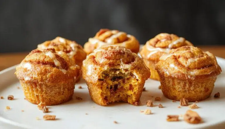 A close-up of golden-brown pumpkin cinnamon roll muffins arranged on a rustic wooden tray, with swirls of cinnamon and pumpkin visibly embedded in the muffins. The muffins have a slightly cracked, tender crust, topped with a light dusting of powdered sugar and a drizzle of glaze. The background features a cozy fall kitchen setting with autumn leaves and cinnamon sticks, emphasizing the warm, inviting atmosphere.