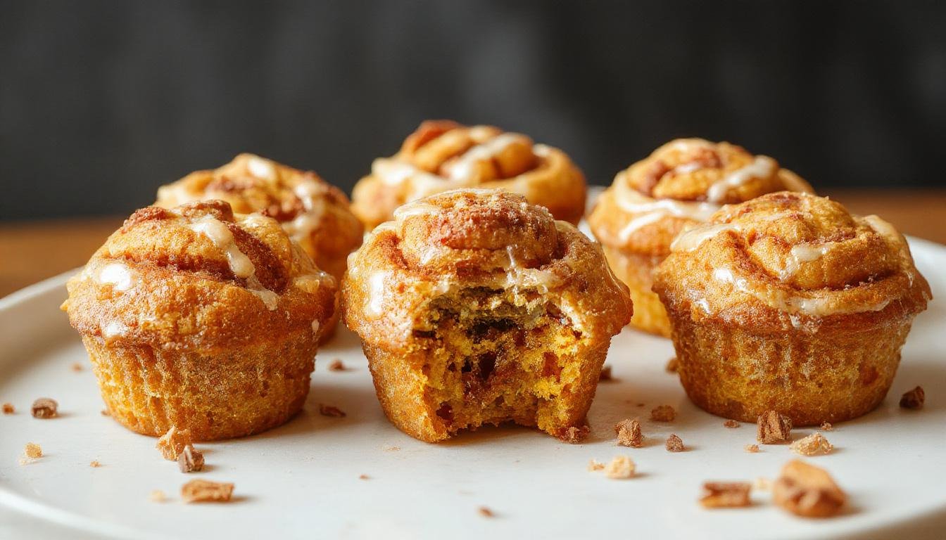 A close-up of golden-brown pumpkin cinnamon roll muffins arranged on a rustic wooden tray, with swirls of cinnamon and pumpkin visibly embedded in the muffins. The muffins have a slightly cracked, tender crust, topped with a light dusting of powdered sugar and a drizzle of glaze. The background features a cozy fall kitchen setting with autumn leaves and cinnamon sticks, emphasizing the warm, inviting atmosphere.