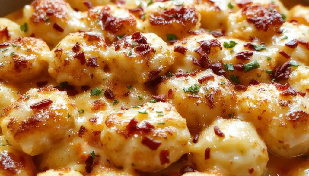 A golden-brown Tater Tot Casserole in a rustic baking dish, topped with melted cheese and crispy Tater Tots, garnished with chopped green herbs, served hot.